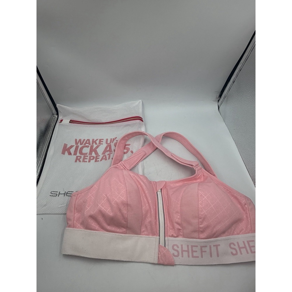 New SHEFIT Ultimate Sports Bra Pink High Impact Adjustable Front Zip 1Luxe &Bag